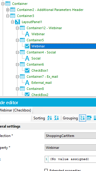 Container Container2 - Additional Parameters Header Container3 É]5N LayoutPaneII Container 12 - Webinar A Webinar Containers Webinar Container4 - Social A Social Container6 Check80xI Container7 - Ex_mail A External_mail Container8 Checkaox2 de editor Webinar (Checkbox) Sorting -z; Grouping pety ShoppingCartItem Webinar I (No ass igned) 